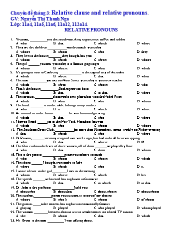 Bài tập Chuyên đề Tiếng Anh Lớp 11 - Relative clause and relative pronouns - Nguyễn Thị Thanh Nga