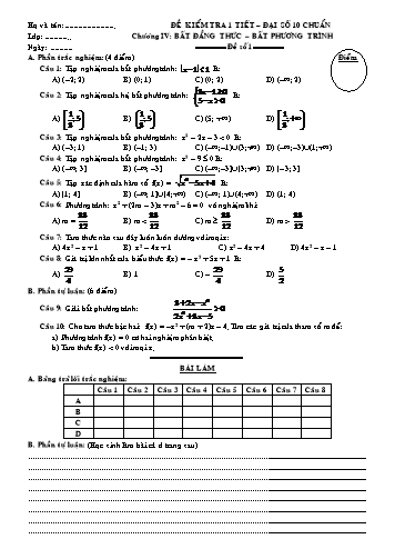 Đề kiểm tra 1 tiết Đại số Lớp 10 - Chương IV: Bất đẳng thức - Bất phương trình (Có đáp án)
