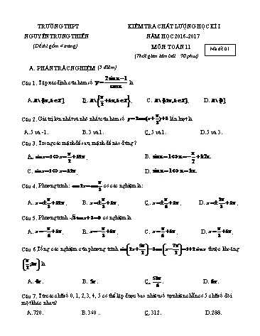 Đề kiểm tra chất lượng học kì I môn Toán 11 - Trường THPT Nguyễn Trung Thiên (Có đáp án)