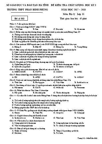 Đề kiểm tra chất lượng học kỳ I Địa lý Lớp 11 - Năm học 2017-2018 - Trường THPT Phan Đình Phùng - Mã đề 003