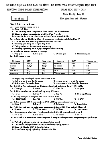 Đề kiểm tra chất lượng học kỳ I Địa lý Lớp 11 - Năm học 2017-2018 - Trường THPT Phan Đình Phùng - Mã đề 001