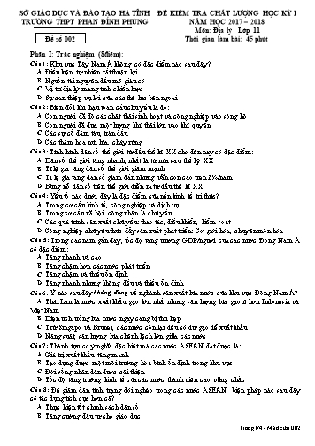 Đề kiểm tra chất lượng học kỳ I Địa lý Lớp 11 - Năm học 2017-2018 - Trường THPT Phan Đình Phùng - Mã đề 002