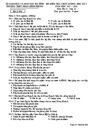 Đề kiểm tra chất lượng học kỳ I Địa lý Lớp 11 - Năm học 2017-2018 - Trường THPT Phan Đình Phùng - Mã đề 004