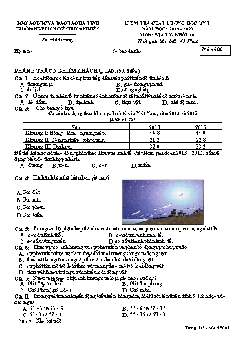 Đề kiểm tra chất lượng học kỳ I môn Địa lý Lớp 10 - Trường THPT Nguyễn Trung Thiên - Mã đề 001 (Kèm đáp án)