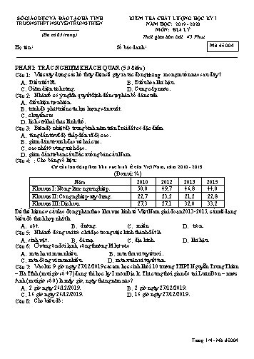 Đề kiểm tra chất lượng học kỳ I môn Địa lý Lớp 10 - Trường THPT Nguyễn Trung Thiên - Mã đề 004 (Kèm đáp án)