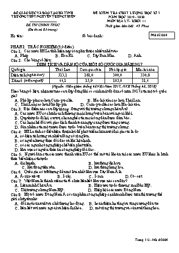Đề kiểm tra chất lượng học kỳ I môn Địa lý Lớp 11 - Trường THPT Nguyễn Trung Thiên - Mã đề 004 (Kèm đáp án)