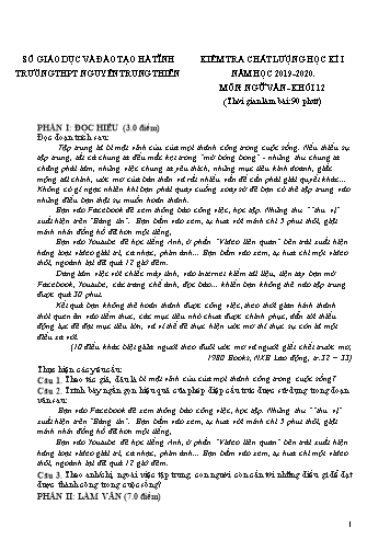 Đề kiểm tra chất lượng học kỳ I môn Ngữ văn Lớp 12 - Năm học 2019-2020 - Trường THPT Nguyễn Trung Thiên - Có đáp án