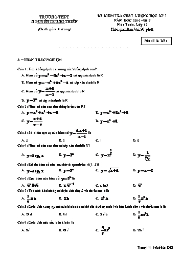 Đề kiểm tra chất lượng học kỳ I môn Toán Lớp 12 - Trường THPT Nguyễn Trung Thiên - Mã đề DE1