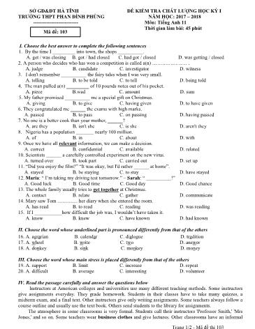 Đề kiểm tra chất lượng học kỳ I Tiếng Anh Lớp 11 - Năm học 2017-2018 - Trường THPT Phan Đình Phùng - Mã đề 103 (Kèm đáp án)
