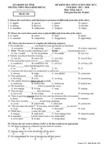 Đề kiểm tra chất lượng học kỳ I Tiếng Anh Lớp 11 - Năm học 2017-2018 - Trường THPT Phan Đình Phùng - Mã đề 102 (Kèm đáp án)