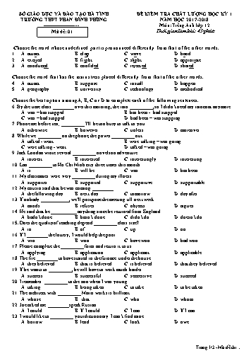 Đề kiểm tra chất lượng học kỳ I Tiếng Anh Lớp 12 - Năm học 2017-2018 - Trường THPT Phan Đình Phùng - Mã đề 01