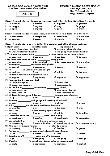 Đề kiểm tra chất lượng học kỳ I Tiếng Anh Lớp 12 - Năm học 2017-2018 - Trường THPT Phan Đình Phùng - Mã đề 02
