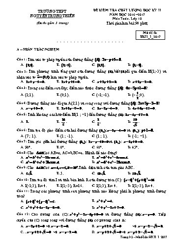 Đề kiểm tra chất lượng học kỳ II môn Toán Lớp 10 - Trường THPT Nguyễn Trung Thiên - Mã đề HKII_I_2017