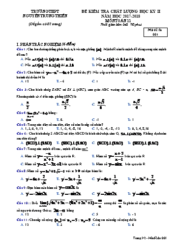 Đề kiểm tra chất lượng học kỳ II môn Toán Lớp 11 - Trường THPT Nguyễn Trung Thiên - Mã đề 001