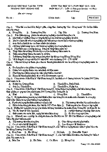 Đề kiểm tra Địa lý Lớp 12 - Học kỳ I - Năm học 2019-2020 - Trường THPT Hương Khê - Mã đề 002 (Kèm đáp án)