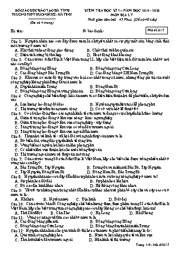 Đề kiểm tra Địa lý Lớp 12 - Học kỳ I - Năm học 2019-2020 - Trường THPT Hương Khê - Mã đề 017 (Kèm đáp án)