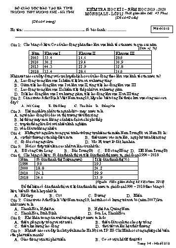 Đề kiểm tra Địa lý Lớp 12 - Học kỳ I - Năm học 2019-2020 - Trường THPT Hương Khê - Mã đề 010 (Kèm đáp án)
