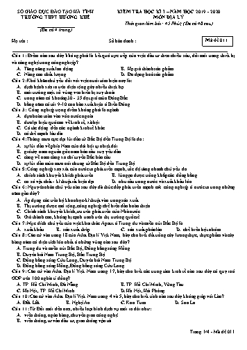 Đề kiểm tra Địa lý Lớp 12 - Học kỳ I - Năm học 2019-2020 - Trường THPT Hương Khê - Mã đề 011 (Kèm đáp án)