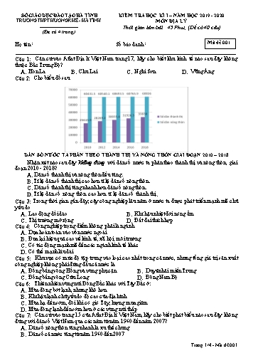 Đề kiểm tra Địa lý Lớp 12 - Học kỳ I - Năm học 2019-2020 - Trường THPT Hương Khê - Mã đề 001 (Kèm đáp án)