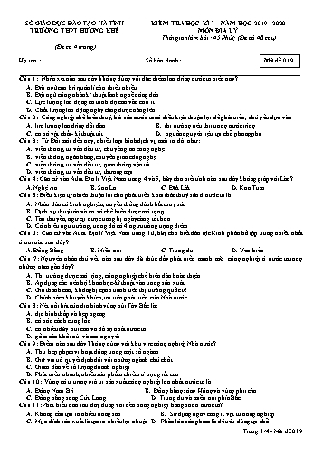 Đề kiểm tra Địa lý Lớp 12 - Học kỳ I - Năm học 2019-2020 - Trường THPT Hương Khê - Mã đề 019 (Kèm đáp án)