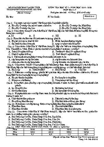 Đề kiểm tra Địa lý Lớp 12 - Học kỳ I - Năm học 2019-2020 - Trường THPT Hương Khê - Mã đề 016 (Kèm đáp án)