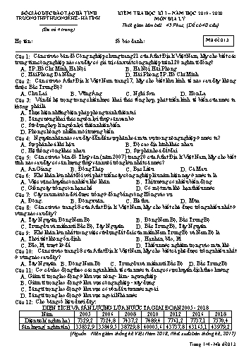 Đề kiểm tra Địa lý Lớp 12 - Học kỳ I - Năm học 2019-2020 - Trường THPT Hương Khê - Mã đề 013 (Kèm đáp án)
