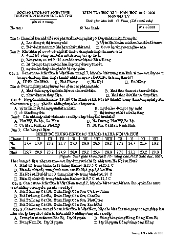 Đề kiểm tra Địa lý Lớp 12 - Học kỳ I - Năm học 2019-2020 - Trường THPT Hương Khê - Mã đề 008 (Kèm đáp án)