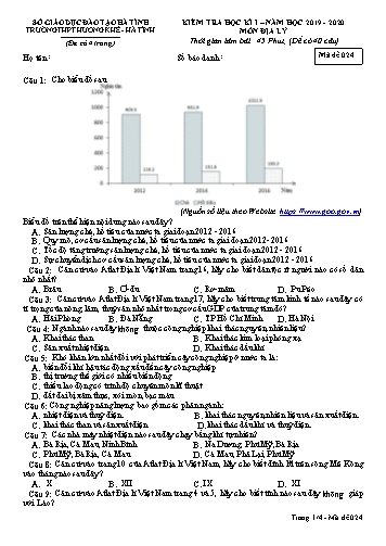 Đề kiểm tra Địa lý Lớp 12 - Học kỳ I - Năm học 2019-2020 - Trường THPT Hương Khê - Mã đề 024 (Kèm đáp án)