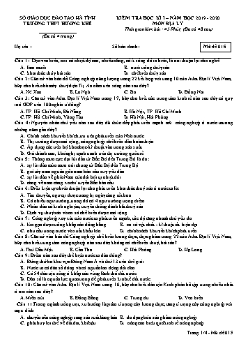 Đề kiểm tra Địa lý Lớp 12 - Học kỳ I - Năm học 2019-2020 - Trường THPT Hương Khê - Mã đề 015 (Kèm đáp án)