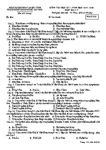Đề kiểm tra Địa lý Lớp 12 - Học kỳ I - Năm học 2019-2020 - Trường THPT Hương Khê - Mã đề 020 (Kèm đáp án)
