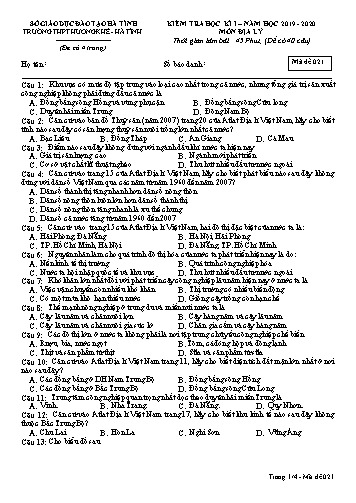 Đề kiểm tra Địa lý Lớp 12 - Học kỳ I - Năm học 2019-2020 - Trường THPT Hương Khê - Mã đề 021 (Kèm đáp án)