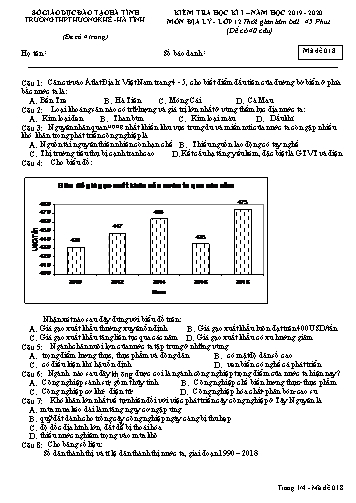 Đề kiểm tra Địa lý Lớp 12 - Học kỳ I - Năm học 2019-2020 - Trường THPT Hương Khê - Mã đề 018 (Kèm đáp án)
