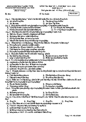 Đề kiểm tra Địa lý Lớp 12 - Học kỳ I - Năm học 2019-2020 - Trường THPT Hương Khê - Mã đề 004 (Kèm đáp án)