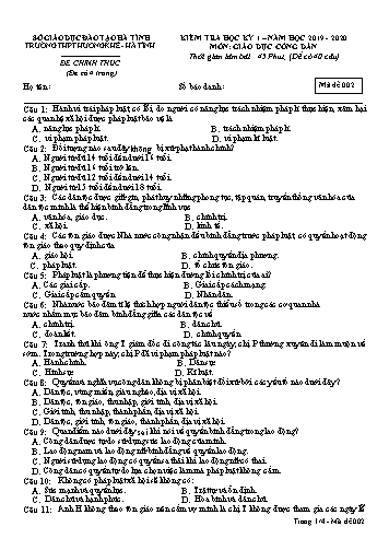 Đề kiểm tra Giáo dục công dân Lớp 12 - Học kỳ I - Năm học 2019-2020 - Trường THPT Hương Khê - Mã đề 002 (Kèm đáp án)
