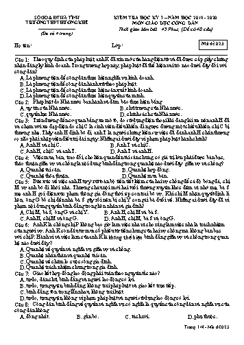 Đề kiểm tra Giáo dục công dân Lớp 12 - Học kỳ I - Năm học 2019-2020 - Trường THPT Hương Khê - Mã đề 023 (Kèm đáp án)