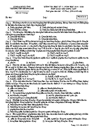 Đề kiểm tra Giáo dục công dân Lớp 12 - Học kỳ I - Năm học 2019-2020 - Trường THPT Hương Khê - Mã đề 015 (Kèm đáp án)