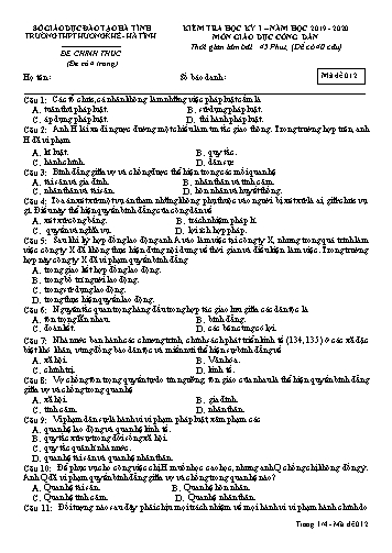 Đề kiểm tra Giáo dục công dân Lớp 12 - Học kỳ I - Năm học 2019-2020 - Trường THPT Hương Khê - Mã đề 012 (Kèm đáp án)