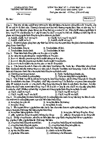 Đề kiểm tra Giáo dục công dân Lớp 12 - Học kỳ I - Năm học 2019-2020 - Trường THPT Hương Khê - Mã đề 019 (Kèm đáp án)