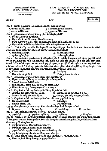Đề kiểm tra Giáo dục công dân Lớp 12 - Học kỳ I - Năm học 2019-2020 - Trường THPT Hương Khê - Mã đề 001 (Kèm đáp án)