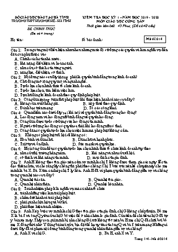 Đề kiểm tra Giáo dục công dân Lớp 12 - Học kỳ I - Năm học 2019-2020 - Trường THPT Hương Khê - Mã đề 014 (Kèm đáp án)
