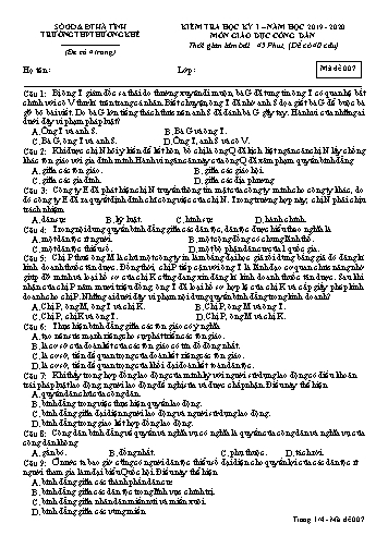 Đề kiểm tra Giáo dục công dân Lớp 12 - Học kỳ I - Năm học 2019-2020 - Trường THPT Hương Khê - Mã đề 007 (Kèm đáp án)