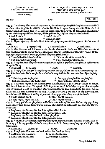 Đề kiểm tra Giáo dục công dân Lớp 12 - Học kỳ I - Năm học 2019-2020 - Trường THPT Hương Khê - Mã đề 011 (Kèm đáp án)
