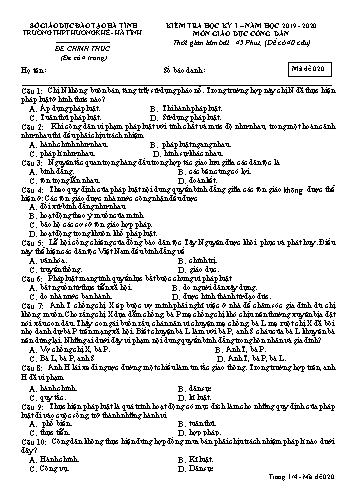 Đề kiểm tra Giáo dục công dân Lớp 12 - Học kỳ I - Năm học 2019-2020 - Trường THPT Hương Khê - Mã đề 020 (Kèm đáp án)