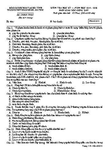 Đề kiểm tra Giáo dục công dân Lớp 12 - Học kỳ I - Năm học 2019-2020 - Trường THPT Hương Khê - Mã đề 022 (Kèm đáp án)