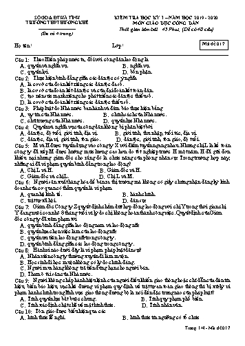 Đề kiểm tra Giáo dục công dân Lớp 12 - Học kỳ I - Năm học 2019-2020 - Trường THPT Hương Khê - Mã đề 017 (Kèm đáp án)