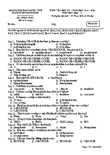 Đề kiểm tra Hóa học Lớp 12 - Học kỳ I - Năm học 2019-2020 - Trường THPT Hương Khê - Mã đề 001
