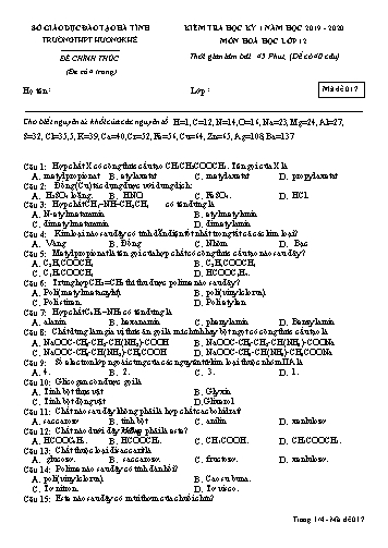 Đề kiểm tra Hóa học Lớp 12 - Học kỳ I - Năm học 2019-2020 - Trường THPT Hương Khê - Mã đề 017