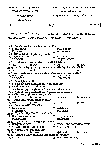 Đề kiểm tra Hóa học Lớp 12 - Học kỳ I - Năm học 2019-2020 - Trường THPT Hương Khê - Mã đề 010