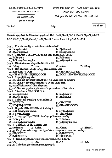 Đề kiểm tra Hóa học Lớp 12 - Học kỳ I - Năm học 2019-2020 - Trường THPT Hương Khê - Mã đề 014