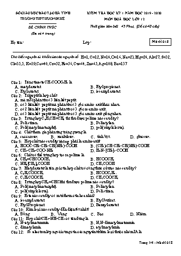 Đề kiểm tra Hóa học Lớp 12 - Học kỳ I - Năm học 2019-2020 - Trường THPT Hương Khê - Mã đề 018